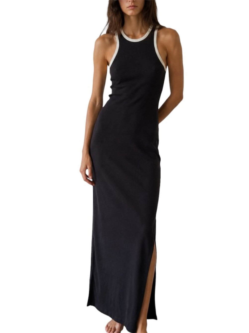 S/M Black Ribbed Contrast Trim Tank Maxi Dress